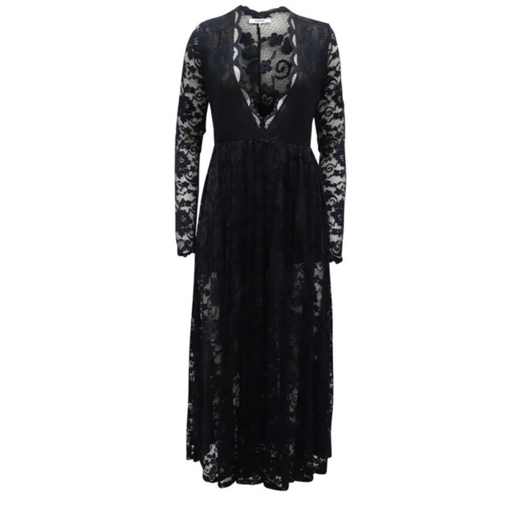 Ganni Deep Neckline Lace Midi Dress in Black Polyamide Blend
